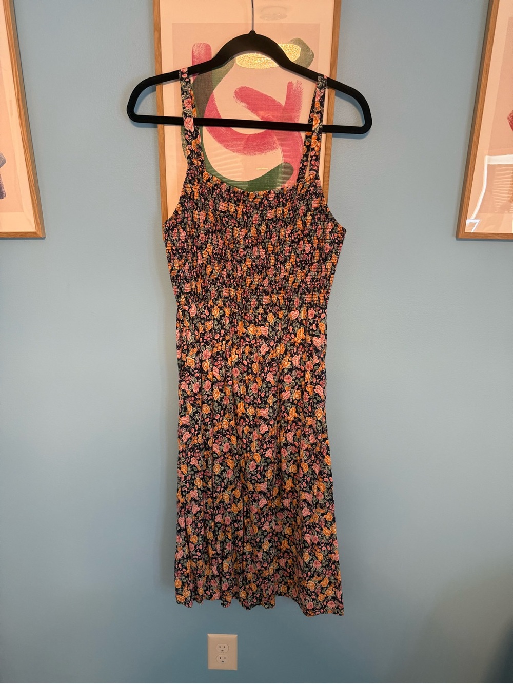 Old Navy Black Floral Smocked Midi Dress with Pink & Yellow Flowers